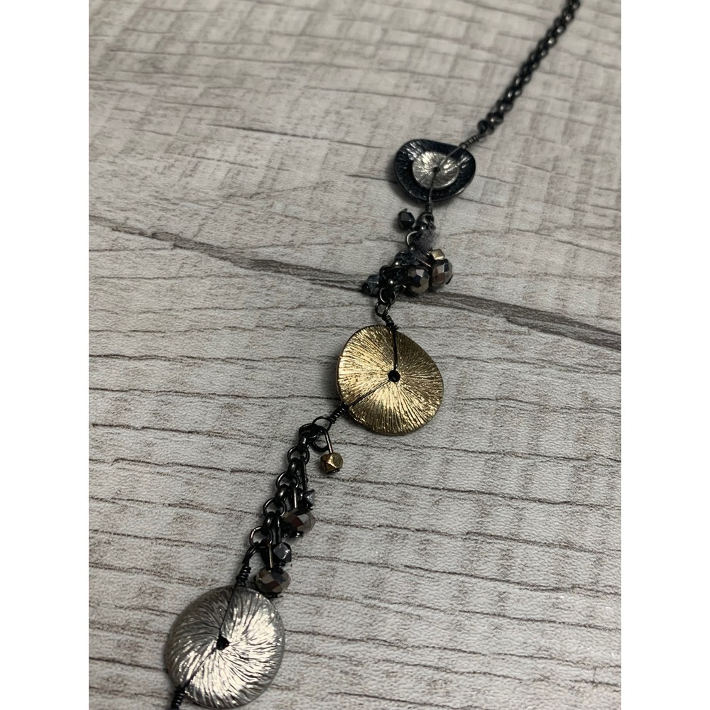 Napier Mixed Metal Textured Disc Y-Necklace Gunmetal Tone Beaded Drop Statement - Picture 6 of 10
